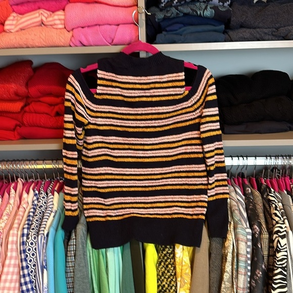 Loft navy/orange/pink striped cold shoulder long sleeve sweater size XS - Picture 3 of 3